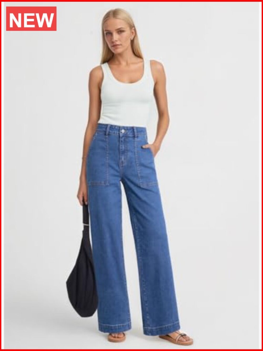 High Waisted Stretch Loose Fit Colorblock Denim Pants with Pocket - Picture 3 of 5